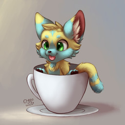 anthro blep chibi container cup fur glistening glistening_eyes green_eyes hair looking_at_viewer male open_mouth simple_background smile solo tongue tongue_out tuft young young_anthro oyenorangecat domestic_cat felid feline felis mammal 1:1 digital_media_(artwork)