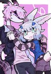 abstract_background anthro blue_eyes blue_hair clothed clothing duo hair hand_holding kemono male narrow_hips open_mouth open_smile pink_hair purple_eyes scarf smile thin_thighs zhang_gun ah_xin_(zhang_gun) xiaohen_(zhang_gun) lagomorph leporid mammal rabbit reptile scalie snake hi_res