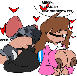 anthro areola big_breasts blue_eyes bottomwear breasts brown_hair butt clothing duo face_in_ass female freckled_breasts freckled_butt freckled_face freckles grey_body hair heart_symbol jacket male male/female nipple_dip pants text topwear wannapossums rutfer_j._randtex human mammal murid murine rat rodent spanish_text