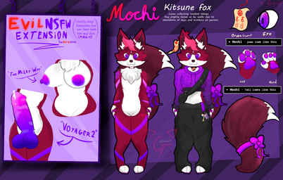 ambiguous_gender anthro bag bodily_fluids bottomwear clothing cosmic_eyes cosmic_fur cosmic_penis crop_top fluffy fluffy_tail fur galaxy galaxy_eyes genital_fluids genitals glowing glowing_eyes key leaking_precum lgbt_pride nipples ofuda oversized_bottomwear oversized_clothing oversized_pants pansexual pants paws penis precum purple_background purple_bow purple_clothing purple_crop_top purple_eyes purple_nipples purple_shirt purple_stripes purple_topwear red_body red_fur shirt simple_background solo standing stripes tail talisman text topwear gabegt mochi_(gabegt) canid canine fox mammal absurd_res english_text hi_res model_sheet