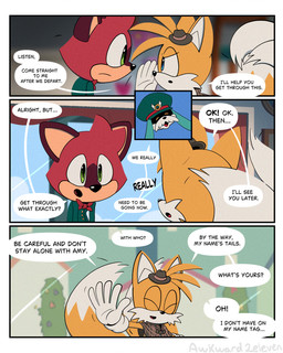 ambiguous_gender anthro blue_body blue_fur bow_tie clothing costume dialogue duo fur hat headgear headwear inside male red_body red_fur speech_bubble standing tail text yellow_body yellow_fur awkward2eleven sega sonic_the_hedgehog_(series) the_murder_of_sonic_the_hedgehog barry_(sonic) conductor_(sonic) miles_prower canid canine fox macropod mammal marsupial quokka absurd_res comic english_text hi_res