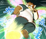 anthro clothing dive_kick eyebrows fur grey_body grey_fur humor kick male rider_kick scar school_uniform slightly_chubby solo text thick_eyebrows uniform 5groo5 lifewonders tokyo_afterschool_summoners moritaka_(tas) canid canine canis domestic_dog mammal hi_res japanese_text