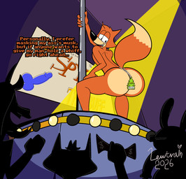 air_freshener anthro big_butt butt claws clothing convenient_censorship crowd dancing dipstick_tail fur group low-angle_view male markings money orange_body orange_fur penis_drawing pole pole_dancing presenting raised_tail rear_view smile solo spotlight stage tail tail_markings undressing lewtrain humongous_entertainment spy_fox_(series) spy_fox canid canine fox mammal 2026 absurd_res aliasing binary_drawing digital_drawing_(artwork) digital_media_(artwork) hi_res