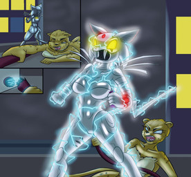 anthro armor black_nose breasts brown_body brown_fur city claws clothed clothing duo electricity electrocution featureless_breasts female fight fur lightning nude outside spots suggestive white_body white_fur dyriuck_kaos dc_comics cheetah_(dc) cyber_cat cheetah felid feline mammal 2016
