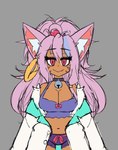 animal_ears bell bell_collar blue_highlights bottomwear bow_ribbon breasts cleavage clothed clothed_female clothed_humanoid clothing coat collar crop_top ear_piercing ear_ring eyelashes facial_markings female female_humanoid front_view grey_background hair head_markings highlights_(coloring) hoop_ear_ring jingle_bell jingle_bell_collar markings mouth_closed piercing pink_ears pink_eyes pink_hair pink_inner_ear ring_piercing shirt simple_background smile snaggle_tooth solo tan_body tan_skin topwear white_clothing white_coat white_inner_ear white_topwear marysquid vtuber mary_(marysquid) alien animal_humanoid cat_humanoid felid felid_humanoid feline feline_humanoid humanoid mammal mammal_humanoid 2024 digital_drawing_(artwork) digital_media_(artwork) hi_res