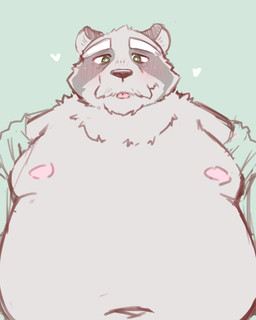 anthro belly big_belly blue_background blush elderly elderly_male facial_hair green_eyes heart_symbol kemono male mature_male moobs mustache nipples overweight overweight_male simple_background solo standing text one_oneyyy canid canine mammal raccoon_dog tanuki 2026 hi_res japanese_text translated
