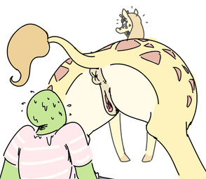anus big_butt bodily_fluids brown_hair butt clitoris duo eye_contact female feral genitals green_eyes hair hooves horn huge_butt larger_female larger_feral looking_at_another looking_back male markings ossicone perineum presenting presenting_vulva puffy_anus size_difference slightly_chubby smaller_human smaller_male spots spotted_body surprised sweat vulva wide_hips nobby_(artist) anon paisley_(nobby) giraffe giraffid human mammal