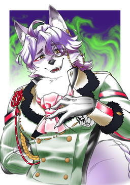 anthro clothing colored_fire eyewear fancy_clothing fire fur green_clothing green_fire green_topwear grey_body grey_fur hair handwear kemono kerchief looking_at_viewer male monocle multicolored_body multicolored_fur neckerchief neckwear purple_hair smile smiling_at_viewer solo tail topwear two_tone_body two_tone_fur white_body white_fur yellow_eyes hannibesogg compass_(combat_providence_analysis_system) charles_richter_(compass) canid canine canis mammal wolf 2026 absurd_res hi_res