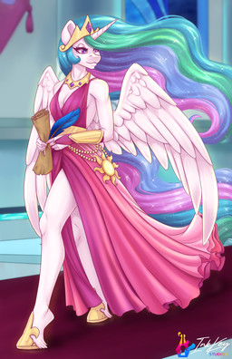 4_fingers anthro breasts carpet cleavage clothed clothing detailed_background digit_ring dress female finger_ring fingers footwear fur gold_shoes hair hooves horn humanoid_hands inside jewelry loose_feather multicolored_hair necklace pink_clothing pink_dress plantigrade purple_eyes quill scroll shadow shoes solo walking white_body white_fur wings inkkey-studios friendship_is_magic hasbro my_little_pony mythology princess_celestia_(mlp) equid equine horse mammal mythological_creature mythological_equine winged_unicorn 2022 digital_media_(artwork) hi_res signature