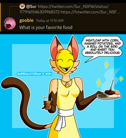 anthro ask_blog beverage blue_background bread_roll breasts brown_arms brown_tail clothing container corn cup dialogue dinner_plate dipstick_ears dress drinking_glass ear_markings eyes_closed female food fur glass glass_container glass_cup gloves_(marking) holding_beverage holding_container holding_cup holding_drinking_glass holding_food holding_object holding_plate locket markings mashed_potatoes meat multicolored_ears plant plate simple_background solo sparkles steam sundress tail tan_body tan_fur text yellow_clothing yellow_dress yellow_mask surrealatorium discord_(app) amber_baker domestic_cat felid feline felis mammal siamese_cat 2024 absurd_res english_text hi_res portrait three-quarter_portrait url