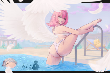bikini biped breasts butt clothed clothing detailed_background feathered_wings feathers female hair not_furry outside partially_submerged pink_hair pupils raised_leg smile stretching swimming_pool swimwear two-piece_swimsuit water wings doktormalefic mihoyo zenless_zone_zero angel humanoid winged_humanoid 3:2 hi_res