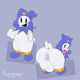 anklet anus backsack balls bodily_fluids butt genitals jewelry male mostly_nude nervous nervous_smile nervous_sweat penis presenting presenting_hindquarters simple_background solo sweat sweatdrop tail tongue tongue_out vein kuramapi atlus megami_tensei sega jack_frost_(megami_tensei) humanoid 1:1 hi_res