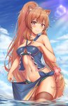 5_fingers blush breasts brown_body brown_fur brown_hair clothed clothing detailed_background ear_tuft female fingers fur hair long_hair looking_at_viewer ponytail smile solo standing swimwear tied_hair tuft kaptivate the_rising_of_the_shield_hero raphtalia animal_humanoid canid canid_humanoid canine canine_humanoid humanoid mammal mammal_humanoid tanuki_humanoid 2019 hi_res