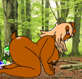 anthro areola big_butt birth bodily_fluids brown_body brown_fur butt cum egg female forest fur genital_fluids hair heart_eyes heart_symbol orgasm oviposition plant solo tan_hair thick_thighs tongue tongue_out tree frutigooner canid canine mammal