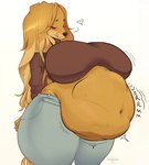 2018 anthro belly big_belly big_breasts blush bodily_noises bottomwear breasts brown_body brown_fur canid canine canis cherrikissu clothing curvy_figure detailed_navel digital_media_(artwork) domestic_dog exposed_belly female female_pred fully_inside fur hair heart_symbol hi_res hotpants licking licking_lips long_hair mabel_(cherrikissu) mammal mature_female midriff navel oral_vore overweight rumbling_stomach shorts simple_background solo sound_effects standing thick_thighs third-party_edit tongue tongue_out voluptuous vore white_background wide_hips