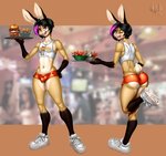 anthro bachy balls_outline black_hair buckteeth bulge butt clothed clothing countershading detailed_bulge digital_media_(artwork) eldiman english_text femboy femboy_hooters food footwear genital_outline glistening glistening_butt hair hi_res highlights_(coloring) holding_tray hooters hooters_uniform lagomorph leporid looking_at_viewer looking_back male mammal navel one_eye_closed open_mouth orange_clothing rabbit shirt shoe_sole_pattern shoes skimpy smile sneakers solo tail tank_top teeth text text_on_clothing text_on_shirt text_on_tank_top text_on_topwear tongue topwear wide_hips wink