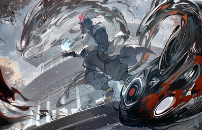 2_horns 5_fingers abs anthro antlers big_muscles black_stripes blue_body blue_fur bottomwear bracelet claws clothed clothing cloud conjuration countershade_fur countershade_torso countershading detailed_background ear_piercing finger_claws fingerless_gloves fingers footwear fully_clothed fur furgonomic_footwear furgonomics gloves glowing glowing_eyes grey_bottomwear grey_clothing grey_jacket grey_pants grey_topwear hand_in_pocket handwear head_horn horn jacket jewelry looking_aside low-angle_view male muscular muscular_male pants piercing plant pockets red_claws red_horn shirt solo striped_arms stripes tail teeth temple text toe_claws topwear tree white_body white_clothing white_countershading white_shirt white_topwear wind worm's-eye_view yellow_eyes chiayeeee asian_mythology east_asian_mythology japanese_mythology mythology neal_(fluffy_neal) canid canine canis catfish fish mammal marine wolf yokai 2025 english_text full-length_portrait hi_res portrait signature