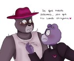 anthro black_nose blush clothing dialogue duo eyewear glasses hat headgear headwear male purple_body shirt simple_background text topwear white_background zadscat unicorn_wars padre_(unicorn_wars) sargento_caricias bear mammal 2023 hi_res spanish_text