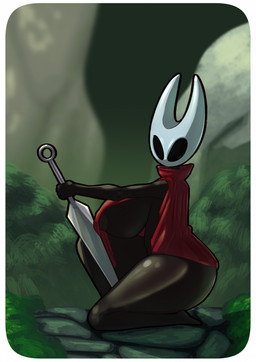 2_horns areola big_breasts biped black_eyes breasts clothing female holding_melee_weapon holding_object holding_weapon horn looking_at_viewer melee_weapon on_ground outside red_clothing side_view solo weapon froggkingg hollow_knight_(franchise) team_cherry hornet_(hollow_knight) arthropod 2025 hi_res