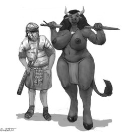 5_fingers anthro areola armor big_breasts bottomwear breasts casual_exposure clothed clothed_male clothing cloven_hooves duo female fingers fully_clothed fully_clothed_male hair headgear helmet holding_object holding_weapon hooves horn horn_jewelry horn_ring huge_breasts husband_and_wife jewelry larger_female loincloth loincloth_only long_hair looking_at_another looking_at_viewer male married_couple melee_weapon military military_uniform navel necklace nipples plantigrade raised_arms ring_(jewelry) roman roman_soldier shadow size_difference smaller_male soldier sword tail tail_tuft thick_thighs topless topless_anthro topless_female tuft unguligrade uniform warrior weapon wide_hips doctordj european_mythology greek_mythology mythology nihea_avarta bovid bovine human mammal minotaur absurd_res greyscale hi_res monochrome signature