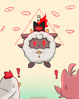 ambiguous_gender anthro crown feral fur headgear horn humor pink_body pink_fur red_eyes simple_background surprised text white_body white_fur white_wool wool_(fur) sadxkingart cult_of_the_lamb massive_monster_(studio) palworld pocketpair follower_(cult_of_the_lamb) lamb_(cult_of_the_lamb) red_crown_(cult_of_the_lamb) avian bird bovid caprine cattiva chicken chikipi domestic_cat felid feline felis galliform lamball mammal pal_(species) phasianid sheep 4:5 artist_name crossover hi_res