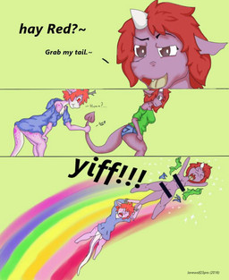 anthro breasts censor_bar clothing duo eyebrows female hair horn humor nude purple_body rainbow raised_eyebrow red_hair simple_background spade_tail sparkles tail text lonewolf23pro adventure_(meme) mythology drippy_dragon dragon mythological_creature mythological_scalie scalie 2016 censored comic compression_artifacts digital_media_(artwork) english_text meme source_request