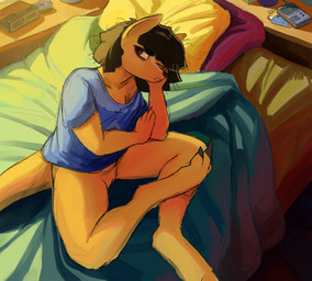 3_toes alarm_clock anthro barefoot bed bed_sheet bedding blanket bottomless claws clock clothed clothing detailed_background feet female furniture genitals hair high-angle_view humanoid_genitalia humanoid_vulva inside looking_at_viewer messy_hair on_bed one_eye_closed pillow shirt short_hair sitting solo toe_claws toes topwear vulva the-minuscule-task cc-by-nc creative_commons kay_(the-minuscule-task) kangaroo macropod mammal marsupial 2019 absurd_res digital_media_(artwork) hi_res shaded