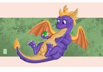 3_toes animal_genitalia anus balls claws eyebrows feet feral gem genitals green_gem holding_object horn looking_at_object lying male on_back paws purple_body purple_eyes relaxing scales sheath simple_background smile snout solo tail thick_eyebrows toes wings garo_(artist) activision mythology spyro_reignited_trilogy spyro_the_dragon spyro dragon mythological_creature mythological_scalie scalie 2025 absurd_res colored full-length_portrait hi_res letterbox portrait shaded