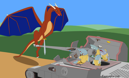 armored_vehicle attack cannon claws clothing feral fin grin group hat headgear headwear horn humor jumping kneeling lifting machine male melee_weapon membrane_(anatomy) membranous_wings military ranged_weapon sitting smile soldier sword tail tank_(vehicle) teeth tracked_vehicle turret uniform vehicle warrior weapon wings yellow_eyes tunaforces mythology aquatic cetacean dolphin dragon fish mammal mythological_creature mythological_scalie oceanic_dolphin scalie shark toothed_whale hi_res