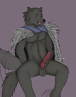 animal_genitalia anthro balls black_body black_fur cape clothing fur genitals knot looking_at_viewer male masturbation penis red_penis solo tail tail_motion tailwag teeth copinlighter elden_ring fromsoftware blaidd_(elden_ring) canid canine canis mammal wolf hi_res