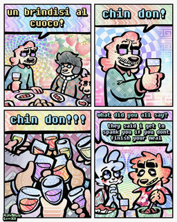 4_panel_comic alcohol aloha_shirt anthro arm_hair beverage body_hair bow_tie cheek_spots cheek_tuft cheers clothing container cup dialogue drinking_glass eyewear facial_hair facial_tuft female floppy_ears food fur glass glass_container glass_cup glasses grey_hair group hair half-closed_eyes male mustache narrowed_eyes open_mouth open_smile overalls pasta pattern_clothing pattern_shirt pattern_topwear shirt smile smirk smug smug_face smug_grin spaghetti speech_bubble sweater text topwear tuft white_body white_fur wine wine_glass yellow_body yellow_fur rawdawgcomics bingus_(rawdawgcomics) stahli_(rawdawgcomics) bird_dog canid canine canis domestic_dog golden_retriever hunting_dog lagomorph leporid mammal rabbit retriever 4:5 comic english_text hi_res italian_text translation_request