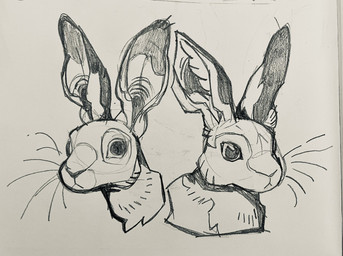 ambiguous_gender duo ears_up feral fluffy_ears fur long_ears long_whiskers short_snout snout whiskers beaglescouts hare lagomorph leporid mammal 2024 black_and_white guide_lines headshot_portrait hi_res monochrome portrait shaded sketch traditional_media_(artwork)