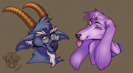 alternate_species anthro big_nose blue_body blue_fur duo ear_tuft eyewear female fur glasses horn inner_ear_fluff light logo long_beard long_ears looking_at_viewer male purple_body purple_fur round_glasses scruffy smile tongue tongue_out tuft flabberd the_sword_in_the_stone madam_mim merlin borzoi bovid canid canine canis caprine domestic_dog goat hunting_dog mammal sighthound 2025 artist_logo colored digital_drawing_(artwork) digital_media_(artwork) english_description lighting shaded