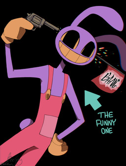 anthro bang_flag big_pupils black_background clothing cotton_tail gloves grin gun handgun handwear male overalls pink_clothing pink_overalls pointing_gun_at_self pupils purple_body ranged_weapon revolver shooting_gun simple_background smile solo teeth text toy toy_gun weapon yellow_clothing yellow_gloves yellow_handwear yellow_sclera yellow_teeth wolfaroonii glitch_productions the_amazing_digital_circus jax_(tadc) lagomorph leporid mammal rabbit 2025 english_text hi_res portrait three-quarter_portrait