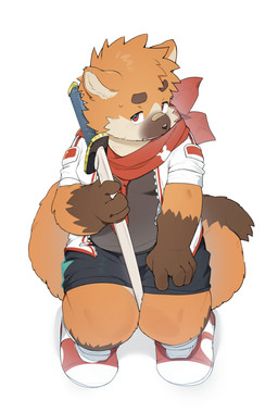adolescent anthro clothing looking_at_viewer male male_anthro melee_weapon red_eyes simple_background solo sword weapon white_background young young_anthro young_male mrshu ailurid mammal red_panda 2024 absurd_res hi_res
