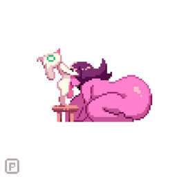 2_horns anthro balls big_balls big_breasts big_butt breasts butt deep_throat duo eyewear fellatio female floppy_ears genitals glasses glistening glistening_butt green_eyes hair hair_over_eyes horn huge_breasts long_hair male male/female nude on_stool oral oral_penetration penetration penile pink_body pink_skin purple_hair round_glasses sex simple_background size_difference small_horn tongue tongue_out white_background pixzapix deltarune undertale_(series) ralsei susie_(deltarune) bovid caprine goat mammal scalie 2026 hi_res signature