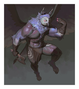 abs anthro arm_tuft axe back_wings beak beak_closed biceps big_muscles biped black_background black_body black_bottomwear black_clothing black_feathers black_fingerless_gloves black_gloves black_handwear black_loincloth black_wings border bottomwear claws closed_smile clothed clothing elbow_tuft facial_markings feathers fingerless_gloves flexing flexing_bicep flexing_muscles foot_tuft front_view fur gloves handwear head_markings holding_axe holding_object leg_markings loincloth loincloth_only looking_at_viewer male markings mask_(marking) mouth_closed muscular muscular_male narrowed_eyes nipples non-mammal_nipples pointy_ears pose pupils purple_body purple_fur red_body red_eyes simple_background smile smiling_at_viewer snout solo spread_wings toe_claws topless topless_anthro topless_male tuft white_border white_markings white_pupils wings kingarthur_i avian 2024 digital_drawing_(artwork) digital_media_(artwork) full-length_portrait hi_res portrait