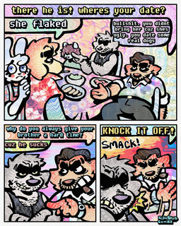 3_panel_comic aloha_shirt anthro arm_hair black_hair body_hair cheek_spots cheek_tuft cigar cigar_in_mouth cigarette cigarette_in_mouth clothing collared_shirt dialogue face_slap facial_hair facial_tuft floppy_ears fur grey_body grey_fur group hair half-closed_eyes male mustache narrowed_eyes nervous object_in_mouth pattern_clothing pattern_shirt pattern_topwear polo_shirt shirt smile smirk smoking_tobacco smug smug_face smug_grin speech_bubble stubble tank_top text topwear tuft white_body white_fur yellow_body yellow_fur rawdawgcomics bingus_(rawdawgcomics) cataldo_(rawdawgcomics) stahli_(rawdawgcomics) bird_dog canid canine canis domestic_dog golden_retriever hunting_dog lagomorph leporid mammal rabbit retriever 4:5 comic english_text hi_res