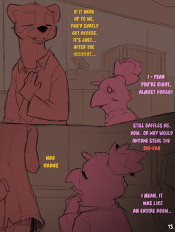 ambiguous_gender beak clothed clothing coat comic_panel dialogue duo eyes_closed lab_coat male necktie pink_text red_text text topwear yellow_text conditional_dnp dacad rebecca_(dacad) tyler_(dacad) avian domestic_ferret mammal mustelid musteline true_musteline weasel comic hi_res restricted_palette