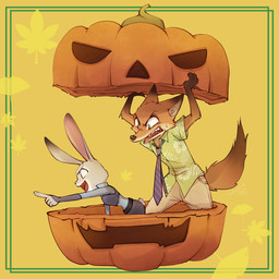 anthro bottomwear clothed clothing duo female fully_clothed fur gesture grey_body grey_fur hand_gesture jack-o'-lantern looking_at_another male necktie open_mouth open_smile orange_body orange_fur pants pointing shirt simple_background smile standing topwear yellow_background sagara_shino disney zootopia judy_hopps nick_wilde canid canine fox lagomorph leporid mammal rabbit red_fox true_fox 1:1 2020