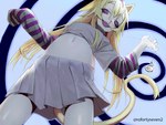 abstract_background alternative_fashion blonde_hair bottomwear cat_tail clothing fangs female grey_bottomwear grey_clothing grey_shirt grey_skirt grey_topwear hair low-angle_view navel open_mouth open_smile pale_skin purple_eyes purple_tongue shirt skirt smile solo spiral_background standing striped_sleeves tail teeth tongue topwear yellow_tail rofortyseven animal_humanoid cat_humanoid felid felid_humanoid feline feline_humanoid humanoid mammal mammal_humanoid artist_name digital_media_(artwork) portrait three-quarter_portrait