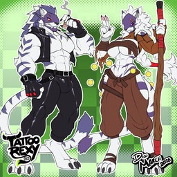 4_eyes abs anthro belt breasts bulge chest_wraps cigarette clothed clothing duo female fingerless_gloves fur gloves hair handwear male mask multi_eye muscular muscular_anthro muscular_male open_clothing open_topwear open_vest pecs ponytail shirtless_male smoking striped_body striped_fur stripes tight_clothing topwear vest wraps tattoorexy bandai_namco digimon baihumon digimon_(species) felid feline mammal 2026