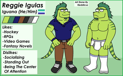 anthro beefgeek belt belt_buckle black_belt black_clothing black_footwear black_shoes black_text blue_polo_shirt briefs buckle bulge clothed clothing color_swatch detailed_background eyebrows eyewear footwear fully_clothed glasses green_background green_body green_scales jock male markings monotone_briefs monotone_clothing monotone_underwear muscular muscular_male nerd scales shirt shoes simple_background socks solo striped_markings stripes text thick_eyebrows tighty_whities topless topless_anthro topless_male topwear unbuttoned_shirt underwear waistband_stripe white_briefs white_clothing white_footwear white_shoelaces white_socks white_underwear eddicus reggie_igulas iguana iguanid lizard reptile scalie hi_res model_sheet