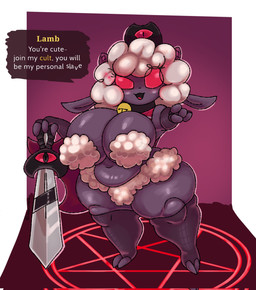 anthro armwear bell big_breasts breasts clothing collar crown dialogue female fur gesture grey_body hand_gesture headgear horn huge_breasts leggings legwear looking_at_viewer melee_weapon navel occult_symbol open_mouth pentagram pointing pointing_at_viewer red_eyes shortstack slightly_chubby solo sword symbol text thick_thighs weapon white_body white_fur white_wool wide_hips wool_(fur) johan_memoris cult_of_the_lamb massive_monster_(studio) lamb_(cult_of_the_lamb) red_crown_(cult_of_the_lamb) bovid caprine mammal sheep english_text hi_res