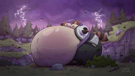 anthro belly belly_blush belly_expansion belly_inflation big_belly big_butt big_cheeks bloated blush body_blush bottomwear butt chubby_cheeks clothed clothing cloud electricity expansion eye_scar facial_scar green_bottomwear green_clothing green_pants huge_belly huge_butt hyper hyper_belly hyper_butt immobile inflation lightning male markings moobs navel nipples no_pupils obese obese_anthro obese_male outside overweight overweight_anthro overweight_male pants plant rock scar scarf sloshing_belly solo storm striped_markings striped_tail stripes tail tail_markings tree white_sclera ruffus_woofus epic_games fortnite hajime_(fortnite) canid canine mammal raccoon_dog tanuki absurd_res hi_res