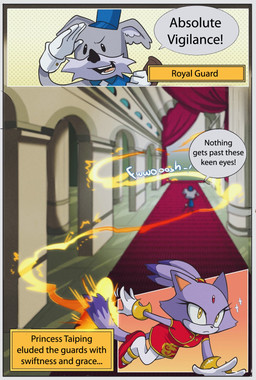 alternate_costume anthro clothing dialogue dress elemental_manipulation female fire fire_manipulation footwear guard hair high_heels legwear male palace ponytail princess royalty shoes speech_bubble text tights yellow_eyes lua_ink sega sonic_forces sonic_the_hedgehog_(series) blaze_the_cat gardon domestic_cat felid feline felis koala mammal marsupial vombatiform comic hi_res
