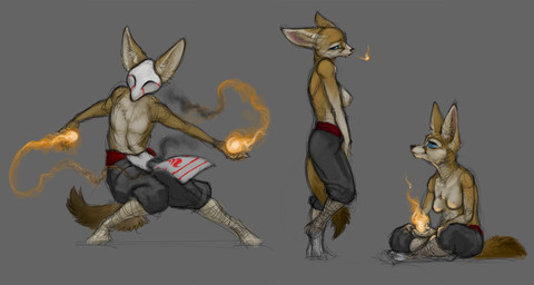 anthro blue_eyes bottomwear breasts clothed clothing female fire fur grey_background magic mask multiple_poses navel nipples pants pose simple_background sitting solo standing tan_body tan_fur topless ipoke canid canine fennec_fox fox mammal true_fox 2015 multiple_images sketch