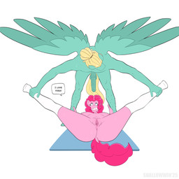 animal_genitalia animal_penis anthro anus balls blonde_hair blue_body bodily_fluids clothing dialogue dripping duo equine_genitalia equine_penis erection female footwear genital_fluids genitals hair hairy_legs knee_highs knee_socks legwear male male/female medial_ring penis pink_body pink_hair precum precum_drip simple_background socks spread_wings text vulva white_background white_clothing white_footwear white_socks wings yoga shallowwin friendship_is_magic hasbro my_little_pony mythology pinkie_pie_(mlp) zephyr_breeze_(mlp) earth_pony equid equine horse mammal mythological_creature mythological_equine pegasus pony 1:1 english_text hi_res