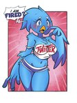 anthro big_breasts blue_body blue_eyes blue_feathers bodily_fluids bottomwear breasts clothing crying dolphin_shorts feathers female fired hotpants midriff navel sad shirt shorts solo speech_bubble tank_top tears text topwear watery_eyes fabio_paulino twitter tweetfur avian bird 2023 english_text meme