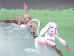 anthro blush breasts brown_body brown_fur butt covering duo eyewear female fluffy food fruit fur glasses grass male nude open_mouth paws plant pond ring shy smile tongue water white_body white_fur midnightgospel tiban_kevin tiban_lucy lagomorph mammal tiban hi_res